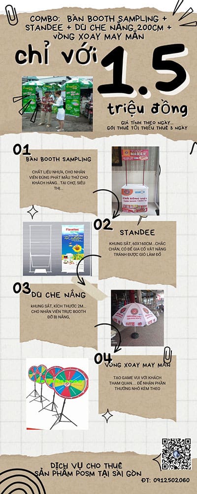 cho thuê booth sampling nhựa standee vòng xoay may mắn dù quảng cáo