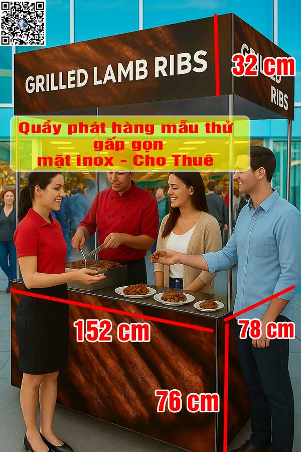 Xe đẩy bán hàng gấp gọn mặt inox lớn cho thuê